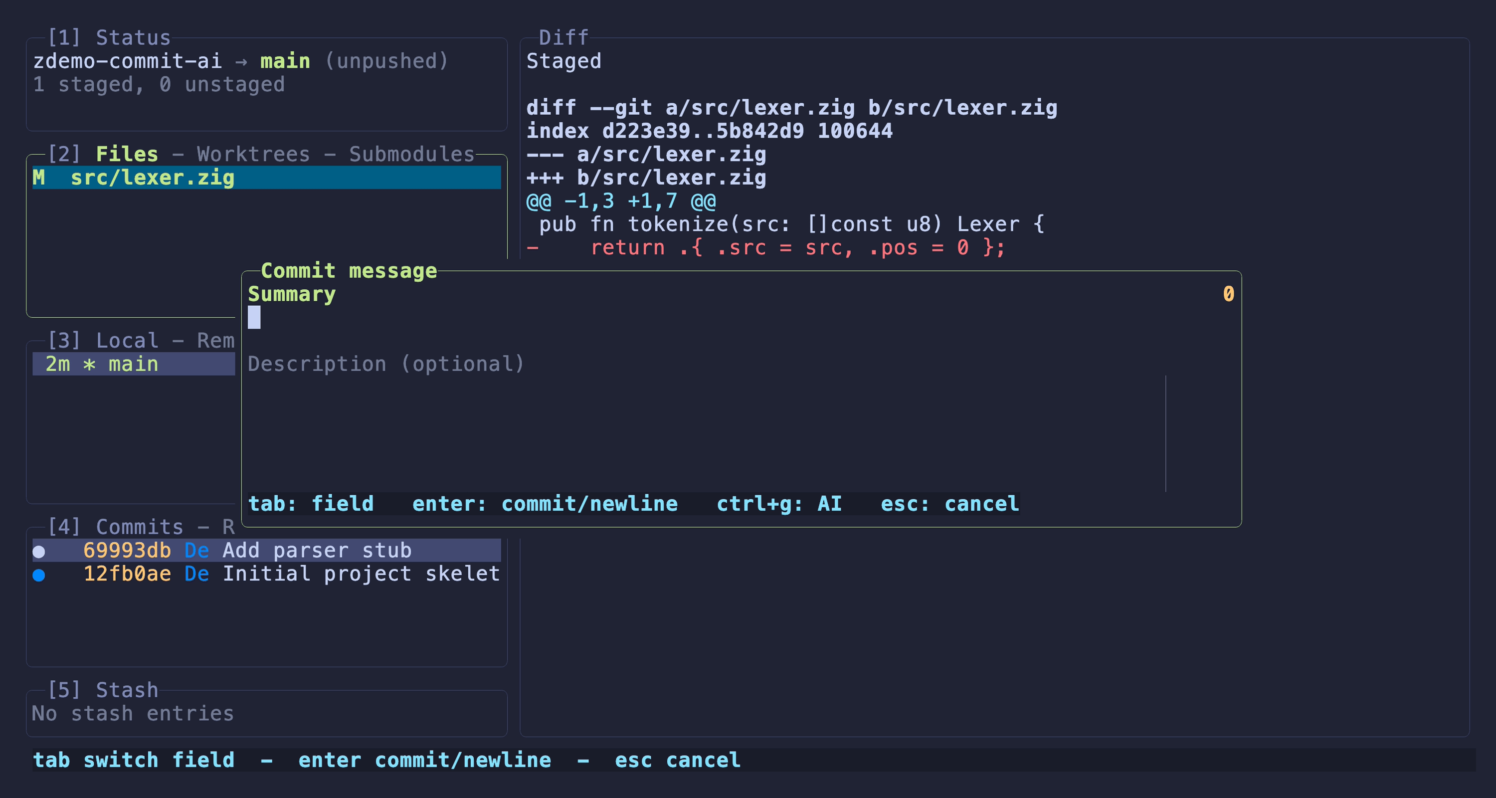 Ziggity drafting a commit subject and body from the staged diff